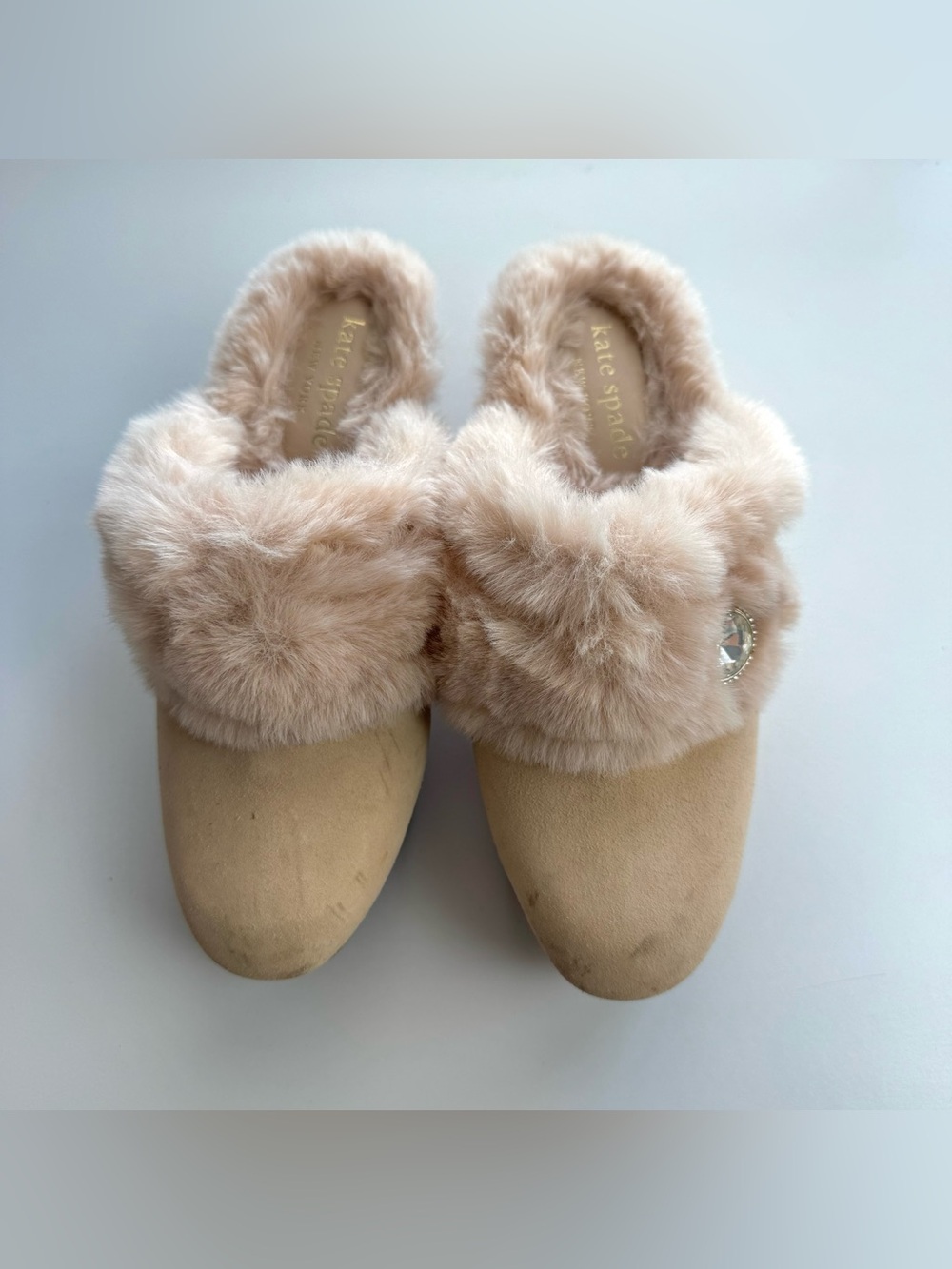 Kate Spade New York Uma Clogs Wooden Platform Heels faux fur Pink Suede Sz 6.5 B - Picture 3 of 8
